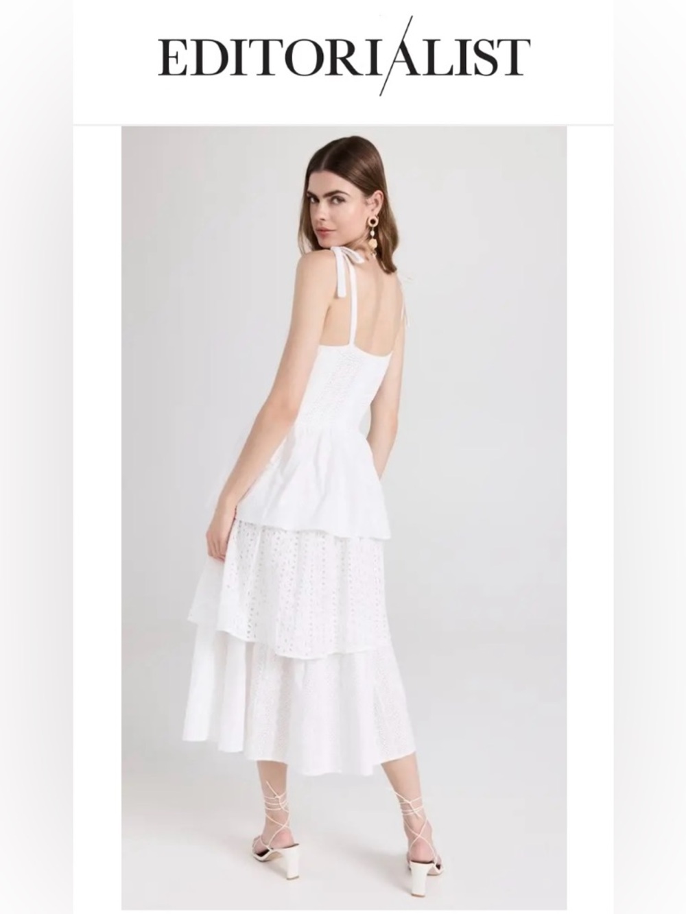 En Saison Croix White Cotton Tiered Eyelet Midi Dress with Adjustable Tie Straps
